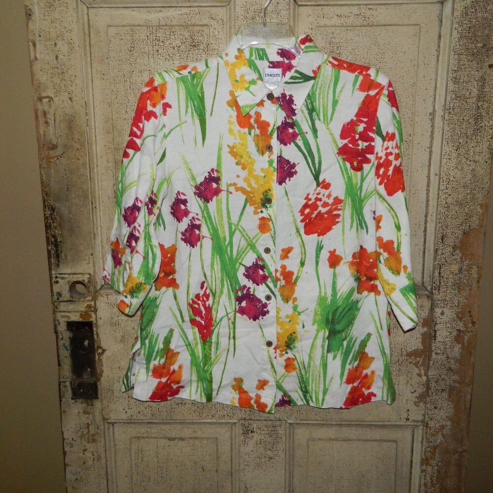 Chico's Linen Floral 3/4 Sleeve Blouse Size Chico's 2 (UU-8)